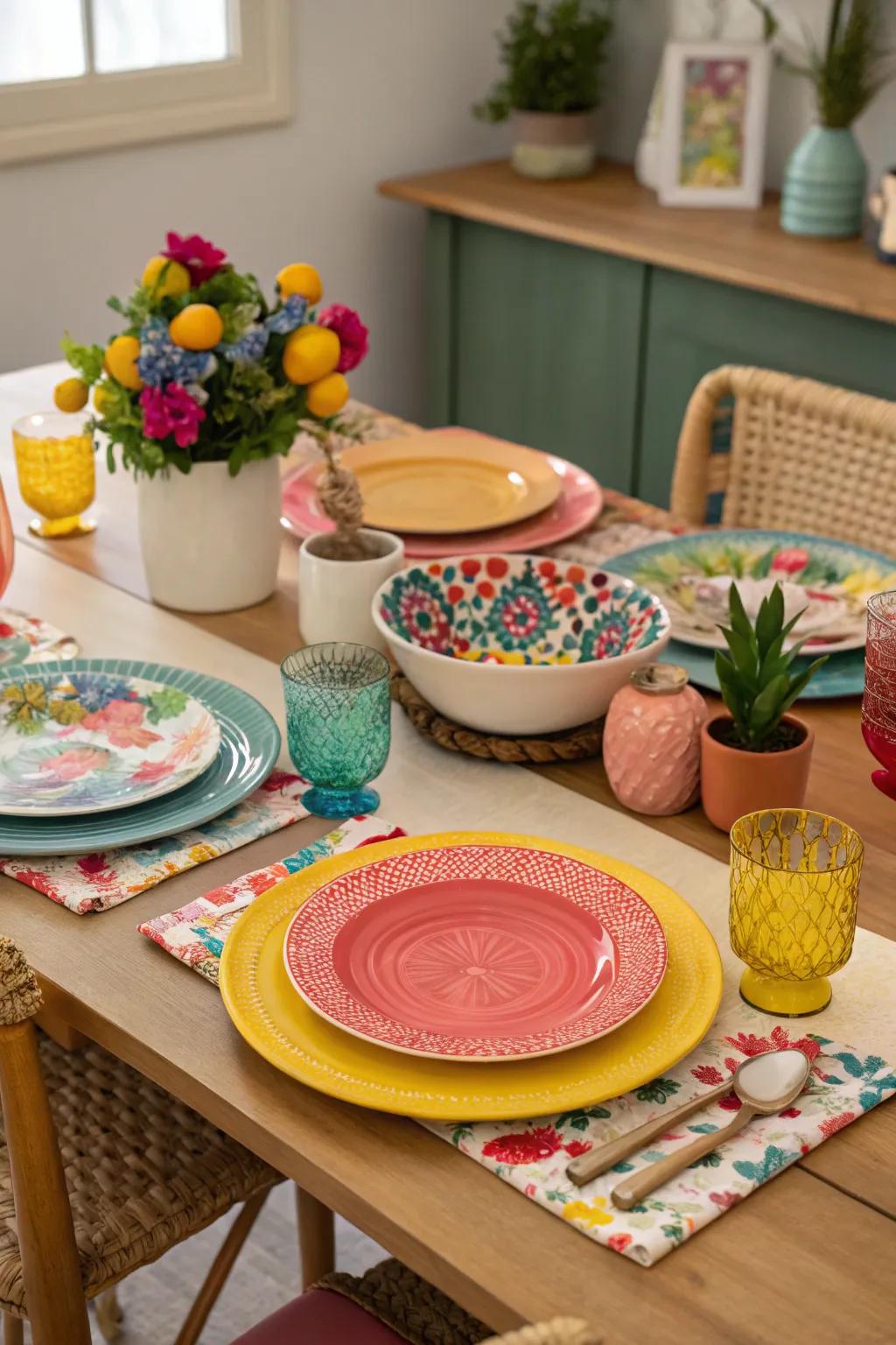 Eclectic chargers for a vibrant, lively table presentation.
