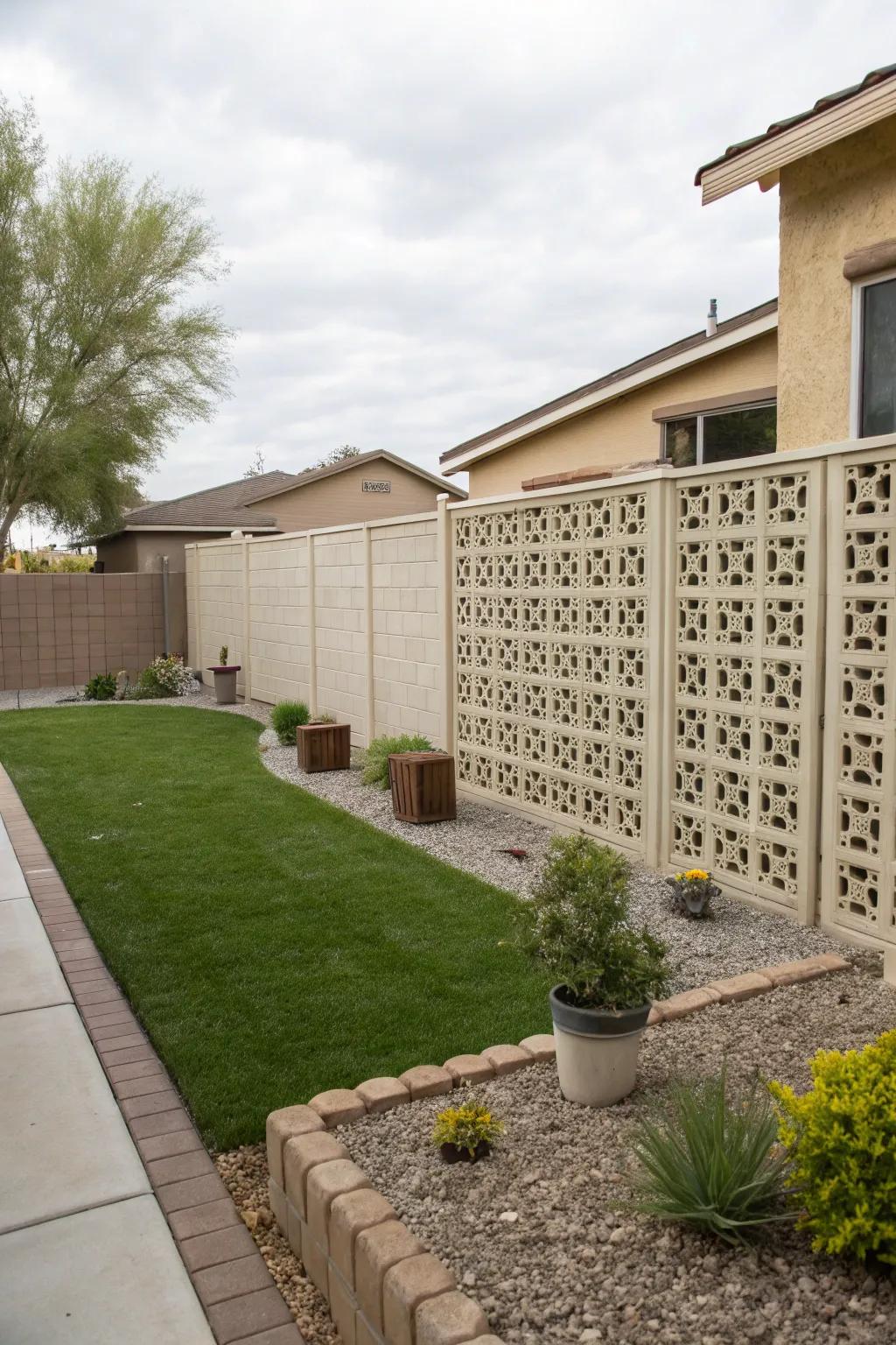 Patterned masonry partitions provide privacy with a creative twist.