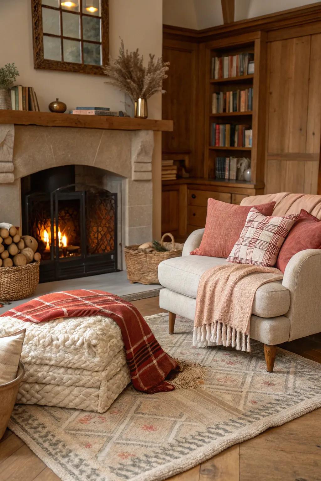 Textiles encompassing the fireplace fashion a warm and welcoming haven.
