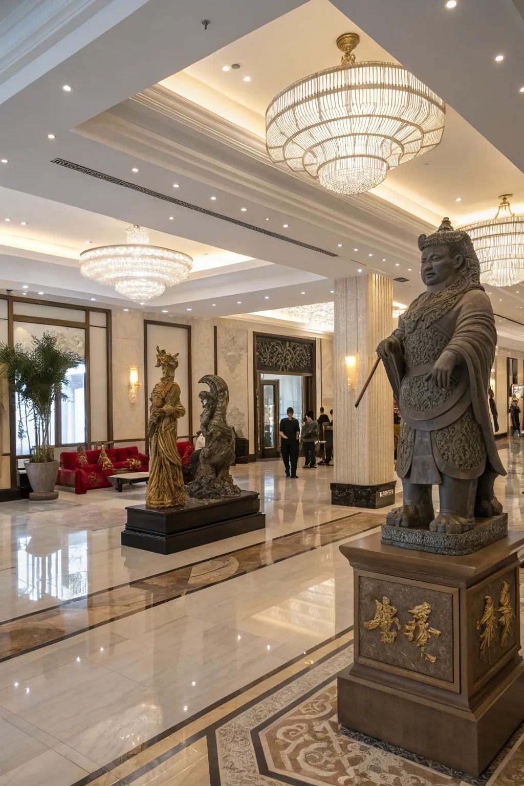 Symbolic figures bringing cultural depth to the entrance.