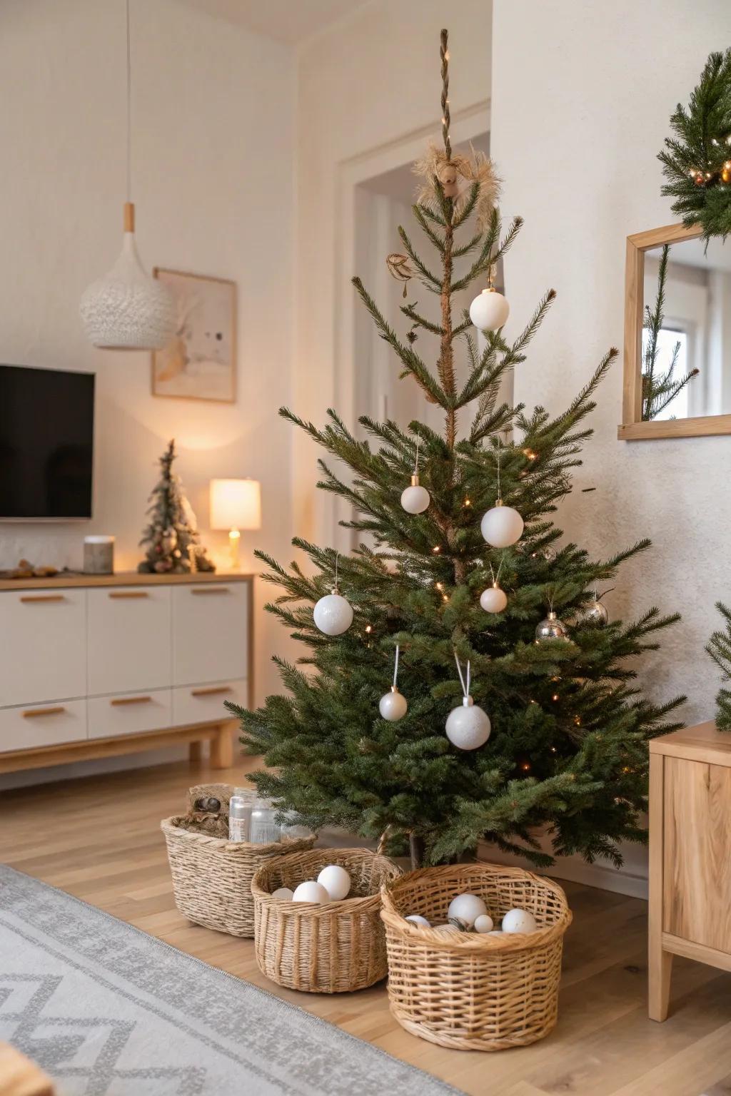 A minimalist Nordic holiday bauble tree with serene and organic beauty.
