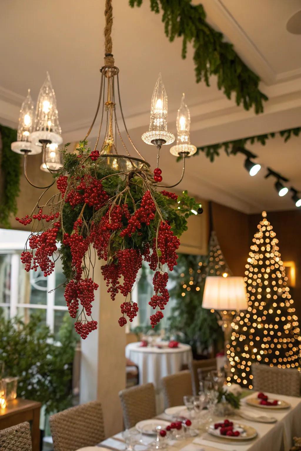 Crimson berries: adding a gleeful touch of color to chandelier styling.