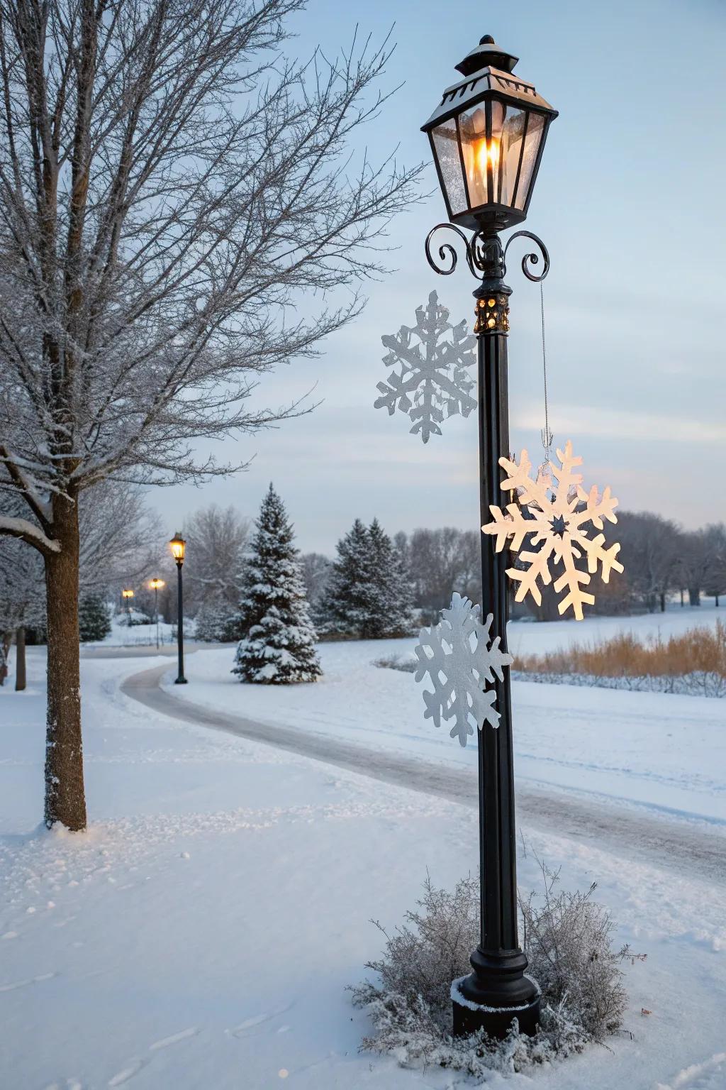 Handcrafted snowflakes conjure a winter wonderland surrounding a lamp post.