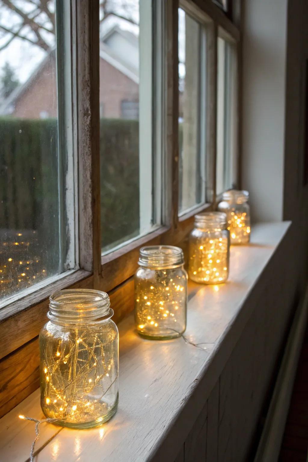 DIY light ornaments bring a charming glow to the window sill.