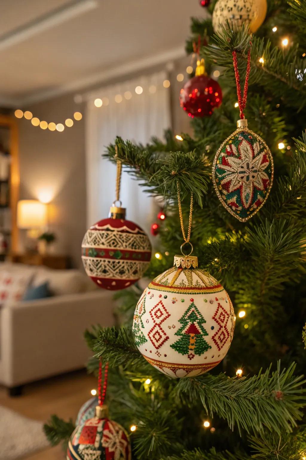 Decorations reflecting civilization heritage displayed on a Christmas tree.
