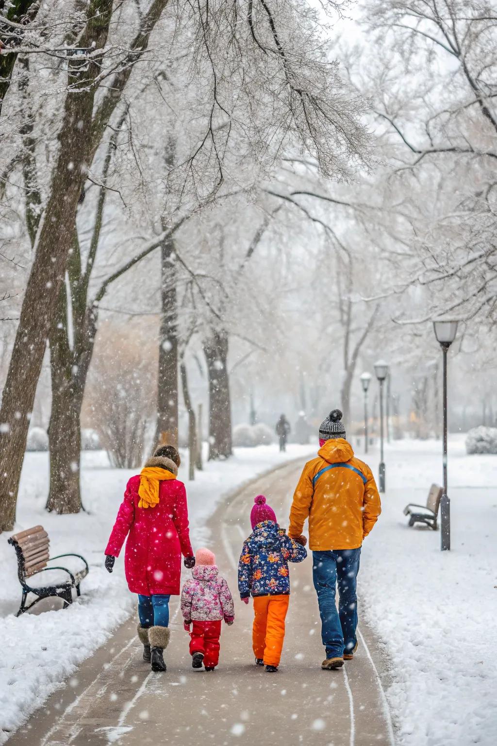 A family stroll in a winter wonderland.