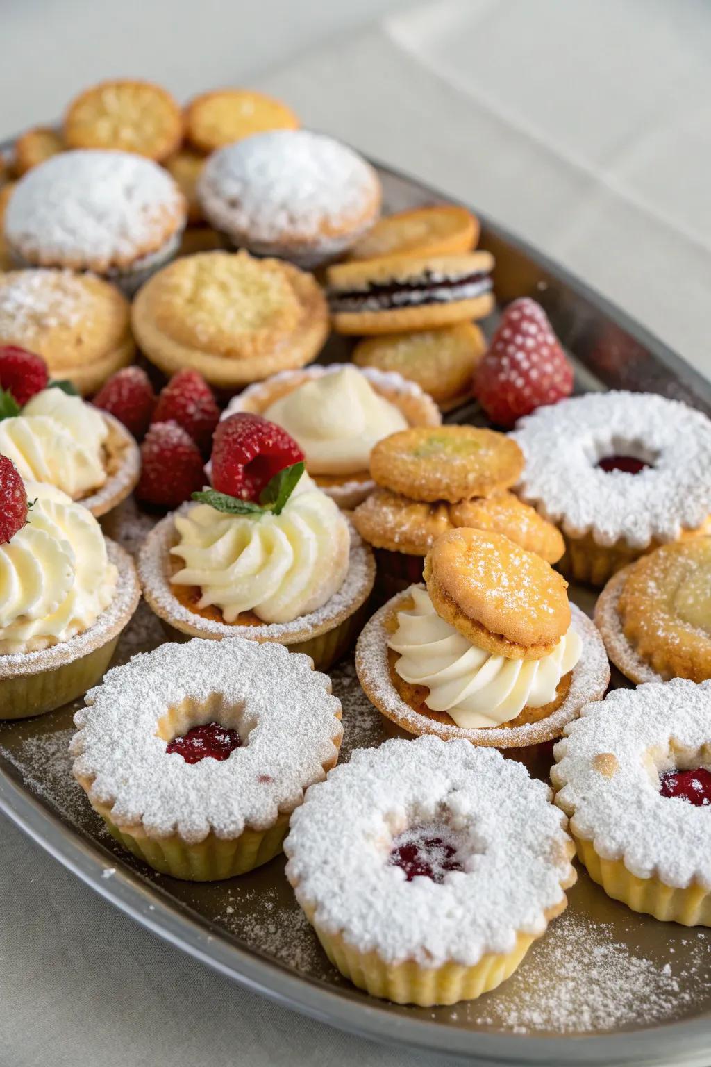 Assortment of mini pastries and cookies for a sweet treat.