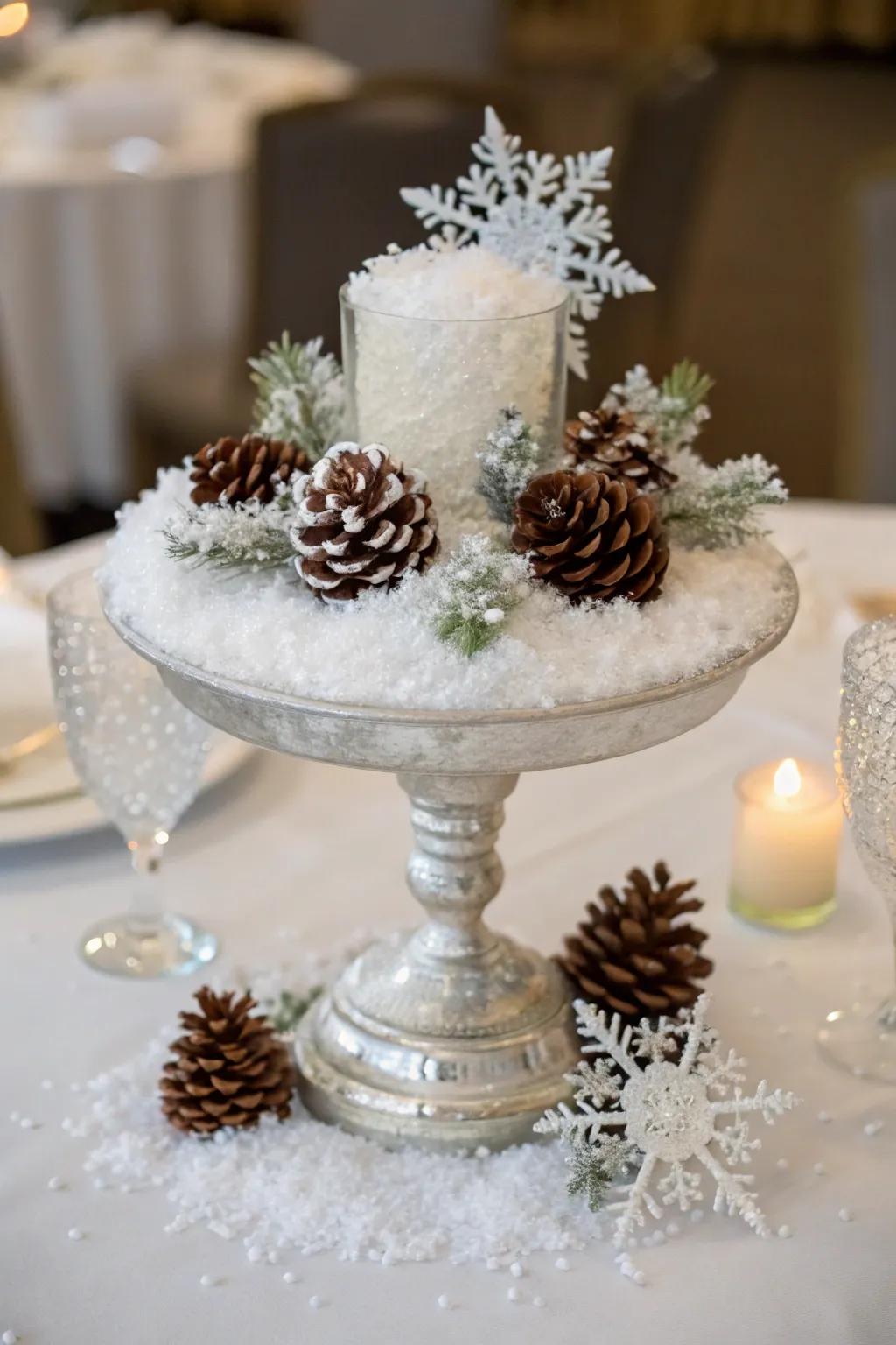 A frosted centerpiece forms a dreamy wintry tableau.