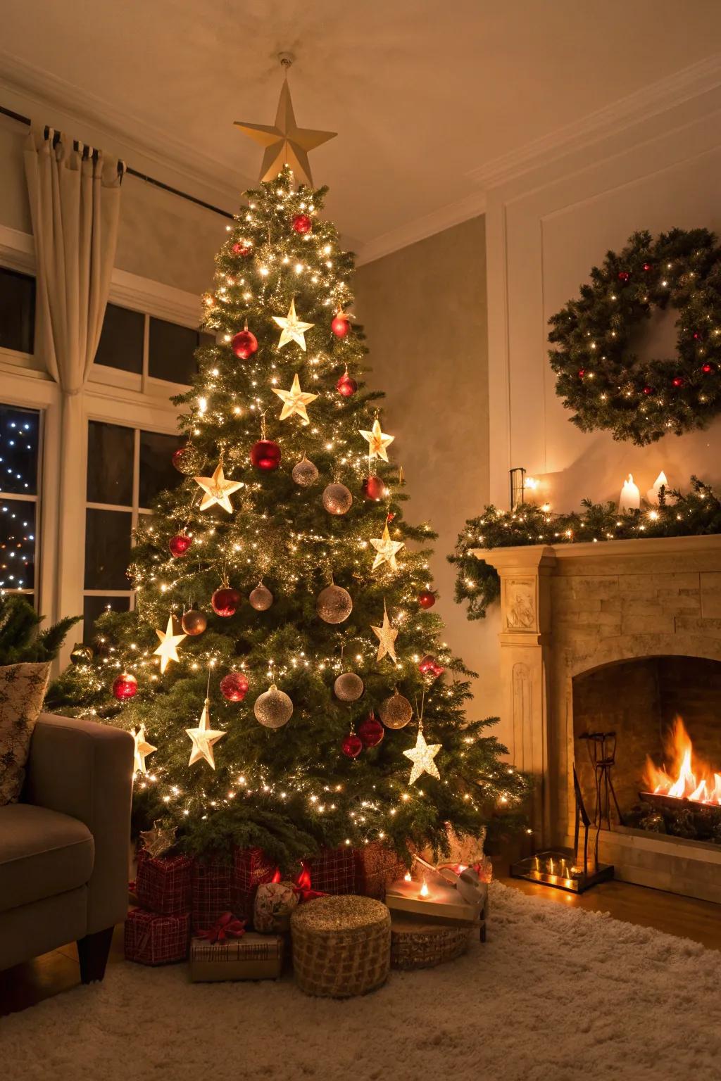 A bewitching Christmas tree embellished with stellar-themed ornaments and colored illuminations, capturing a starlit canopy ambiance.