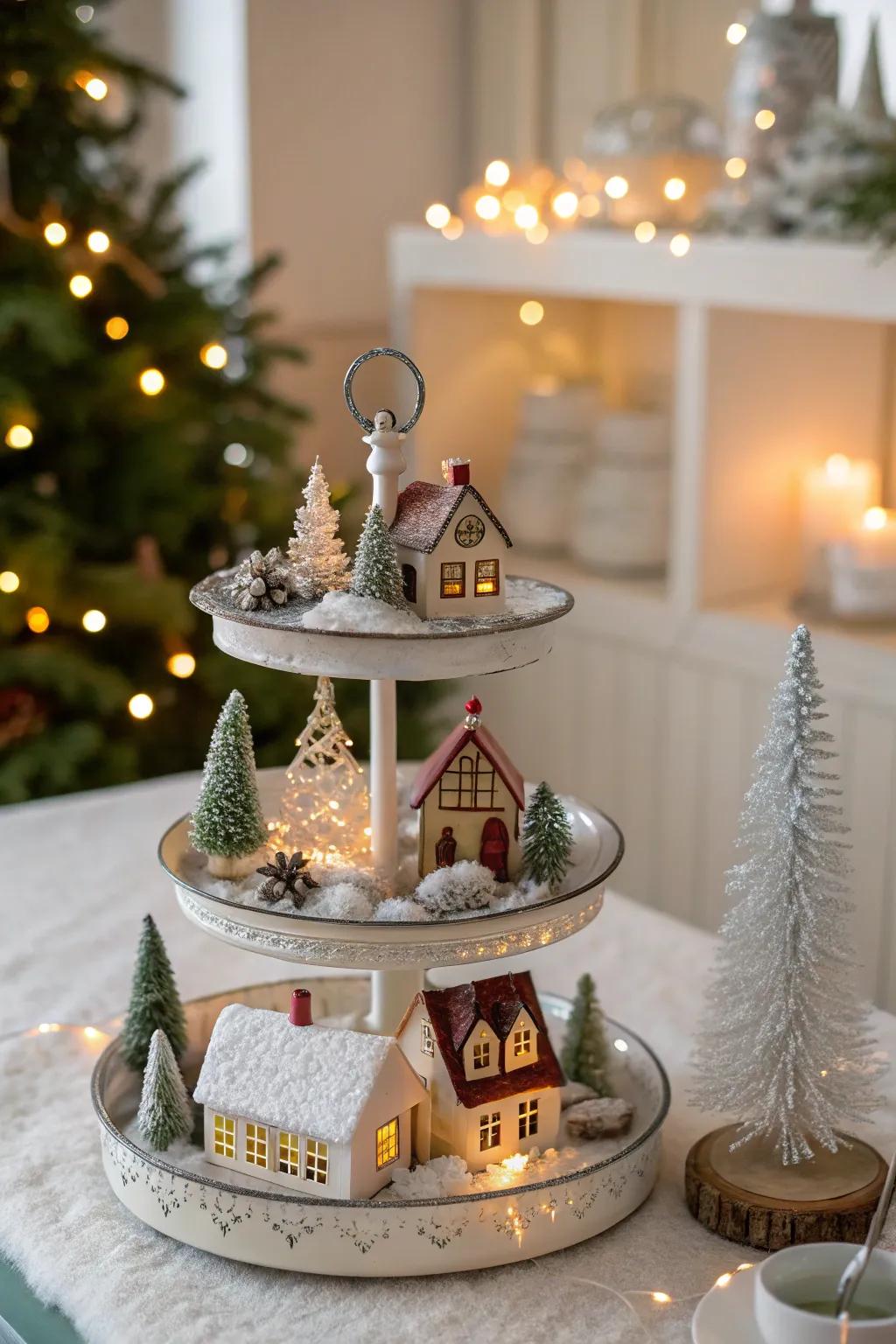 A tiered tray establishes a portable and visually appealing Christmas village.