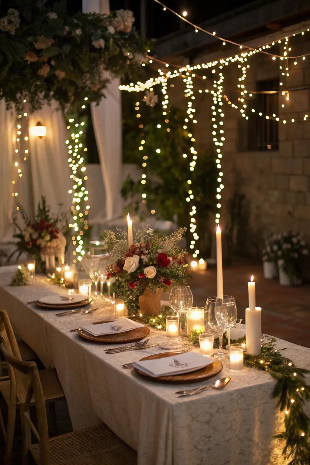 Twinkling lights bring a magical shimmer to the table.