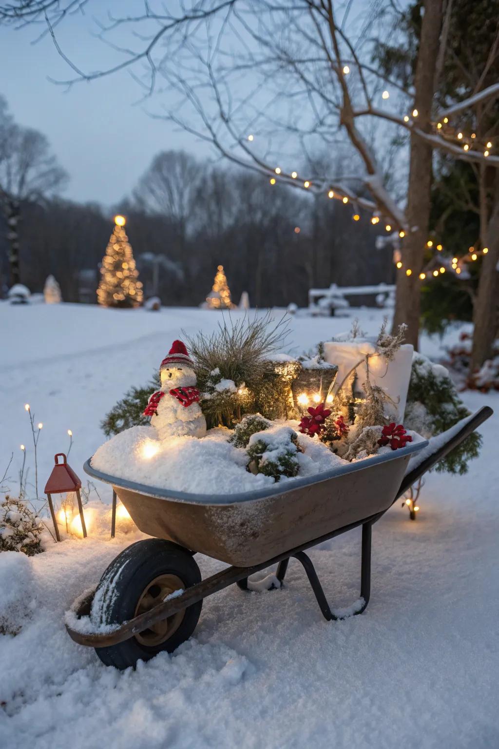 A magical winter fantasyland crafted in a wheelbarrow.