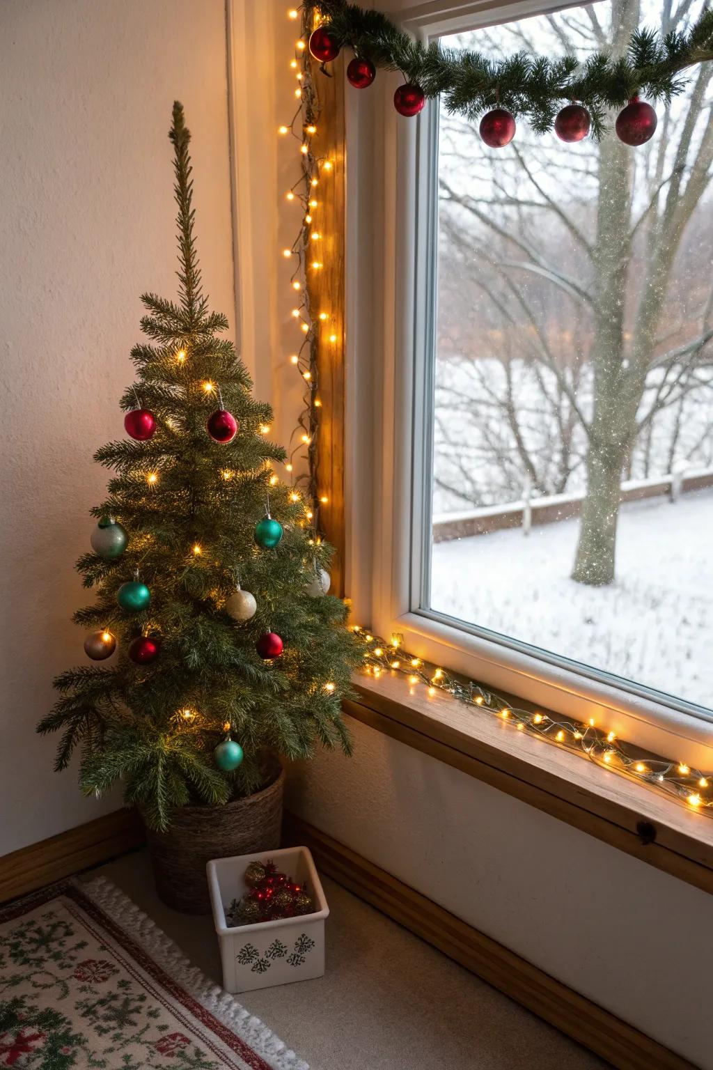 A diminutive Yuletide arbor imparts a traditional accent to the window panorama.