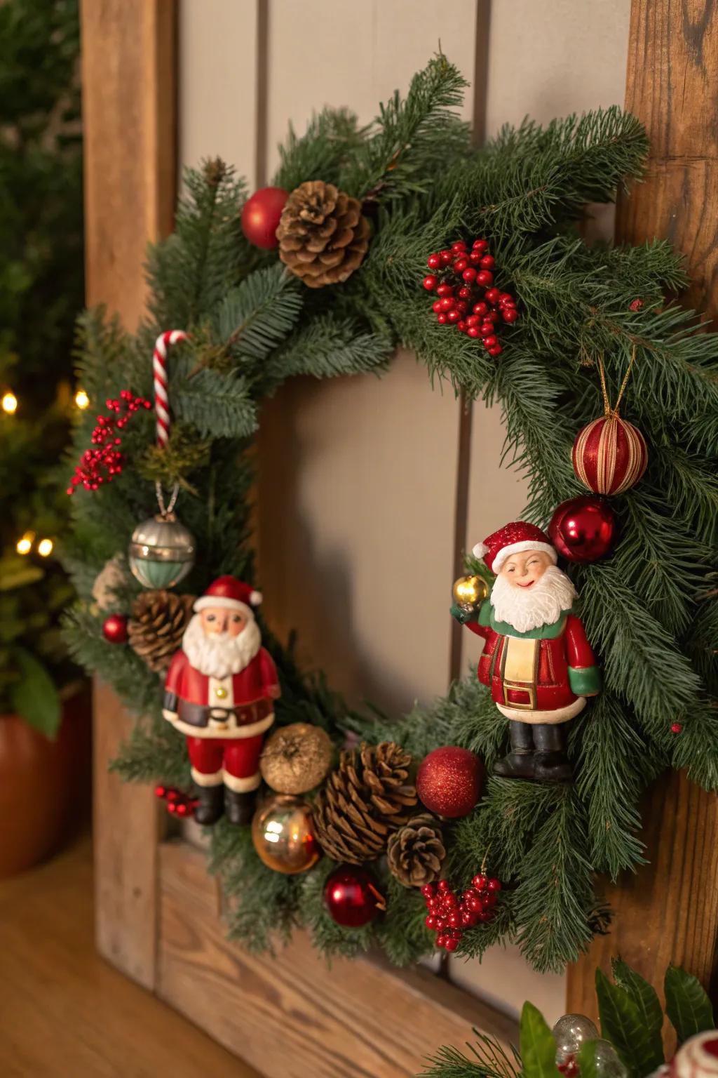 A nostalgic wreath showcasing retro Santa figures and vintage baubles.