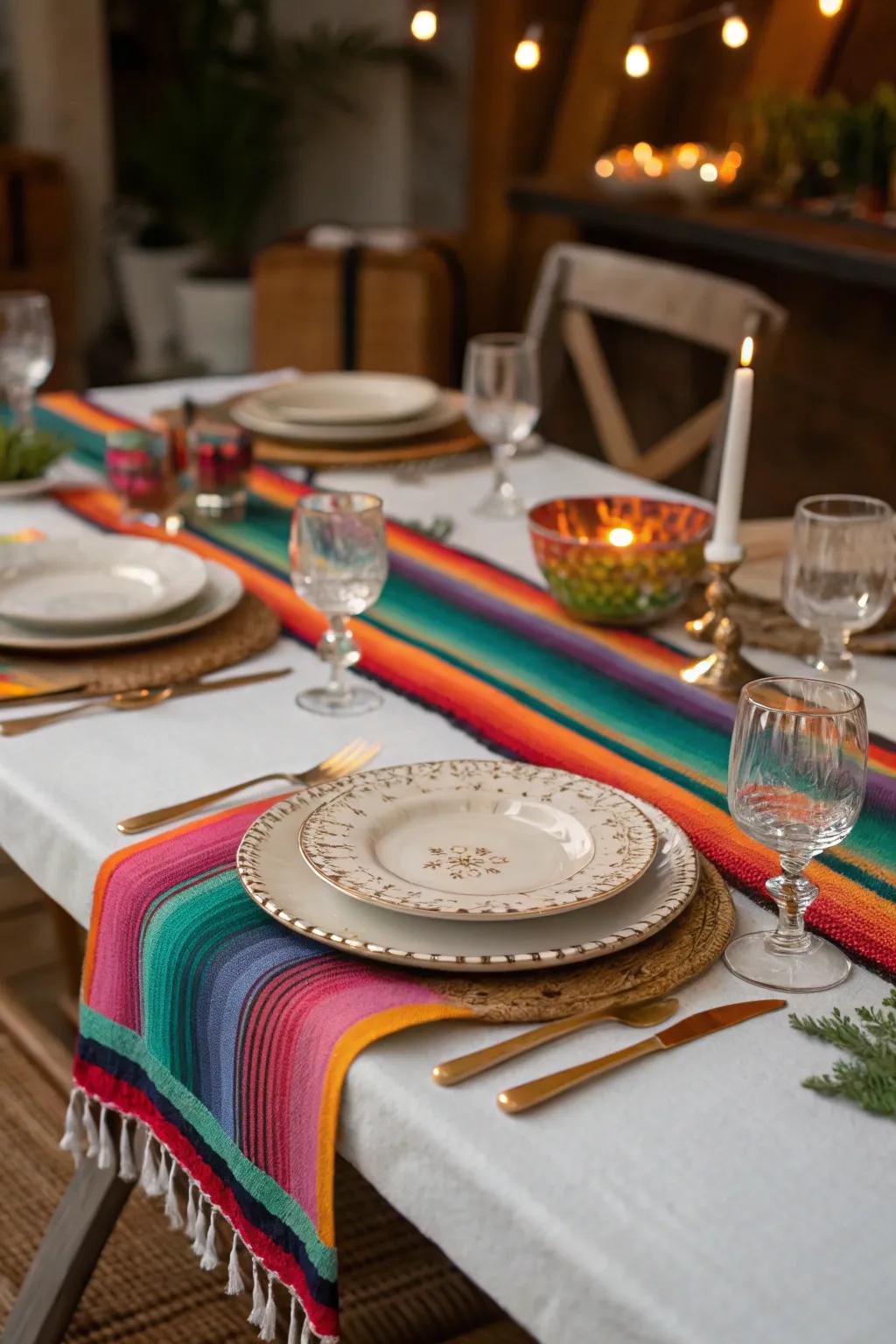 Incorporate color and warmth using a serape table overlay.