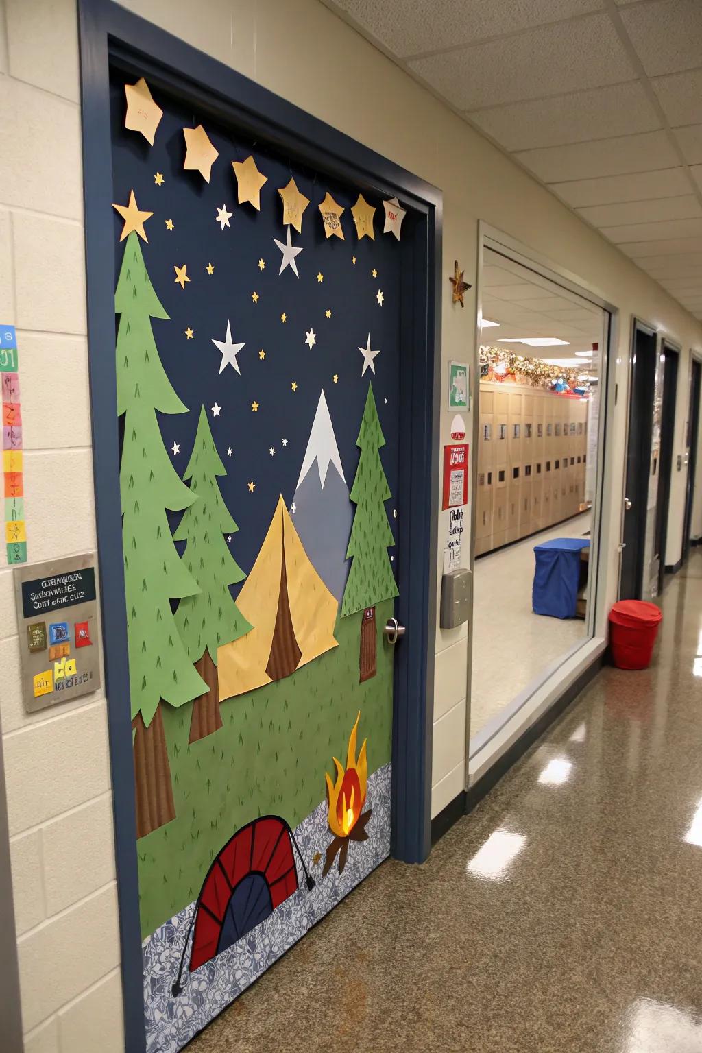 A wilderness-themed learning space doorway showcasing shelters and bonfires.