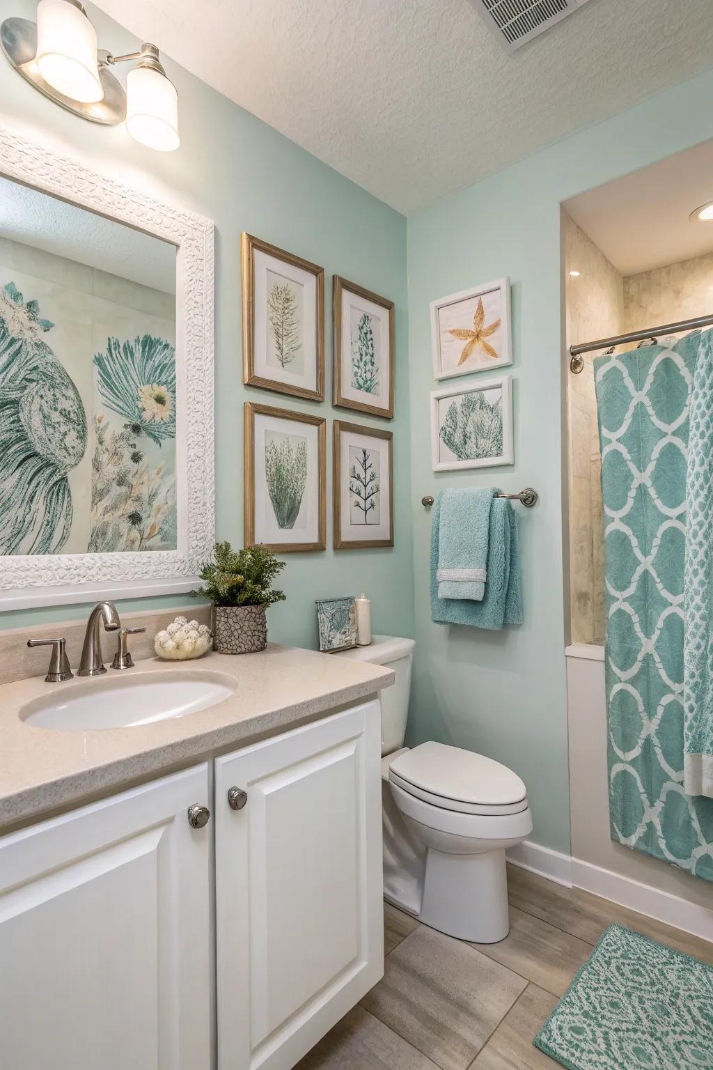 A bathroom where graphic art seamlessly integrates with the existing shade scheme.