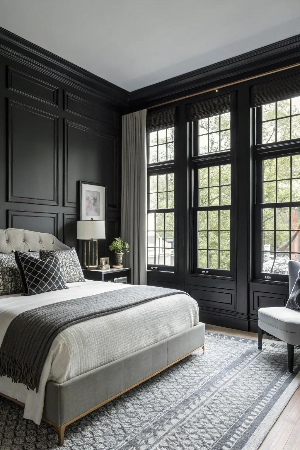 Black window frames add a contemporary touch to this room.