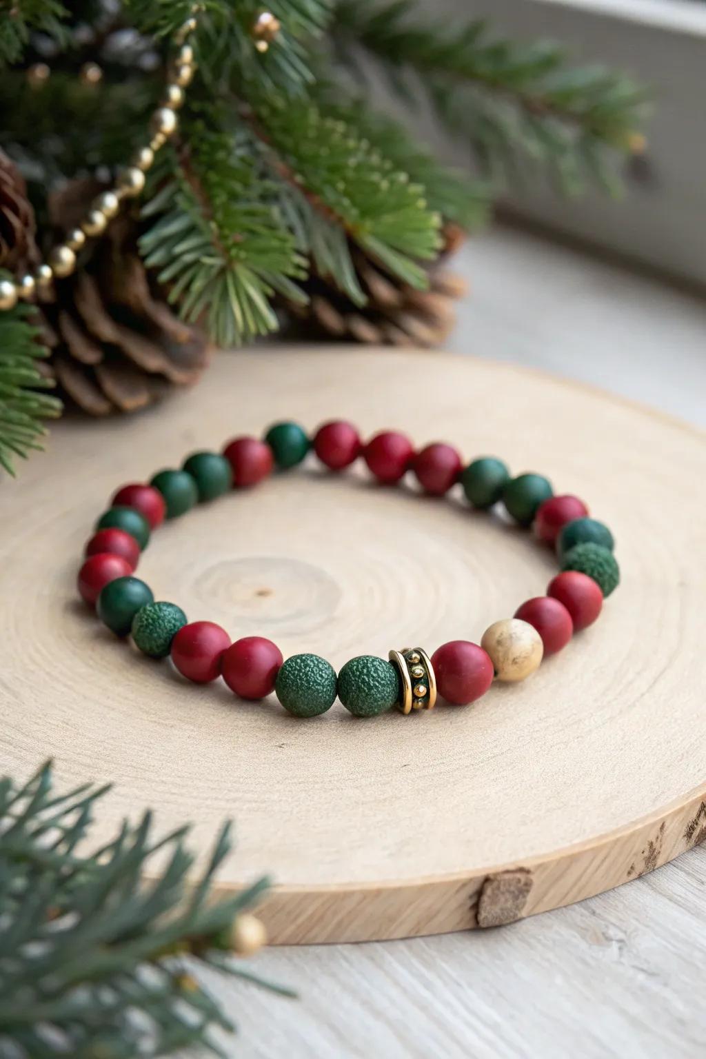 Celebrate the season with crafted sophistication: A clay bead bracelet in festive holiday shades.