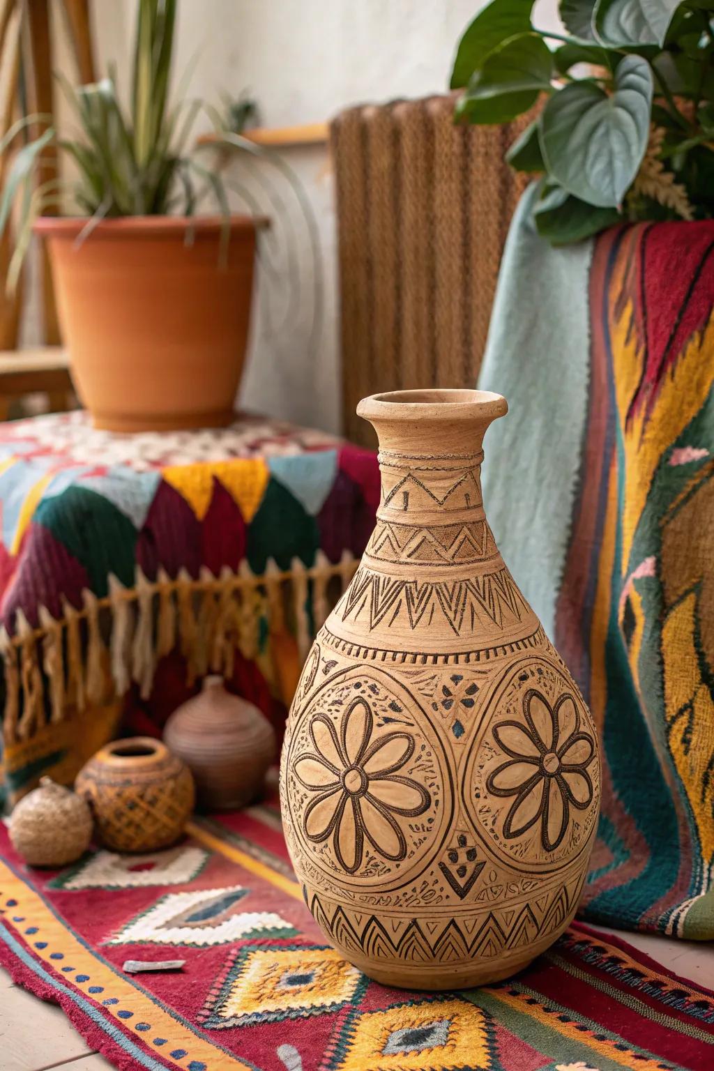 An earthenware flower holder designed in bohemian flair, presenting free-form motifs that introduce artistic appeal.