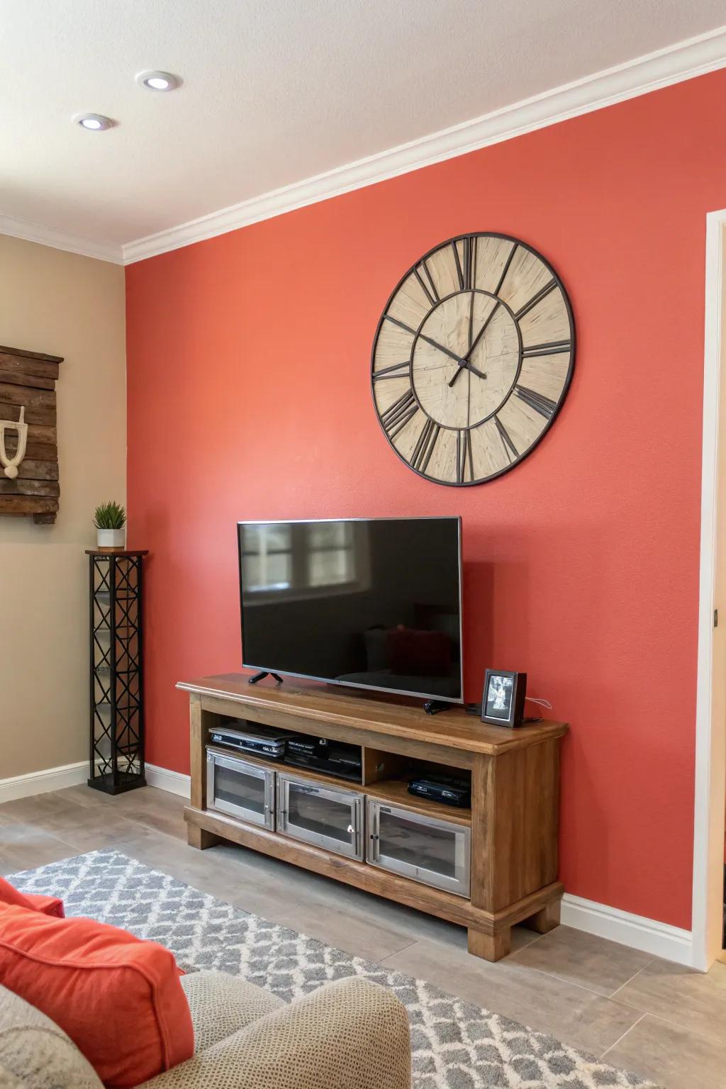 An accent wall adds a burst of color, ensuring the television and clock stand out.