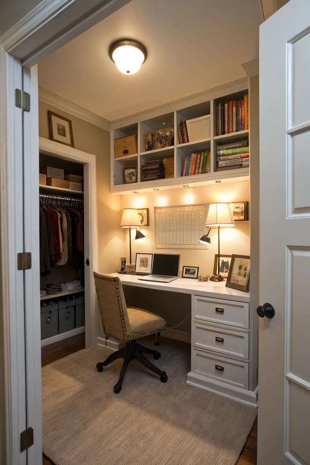 Set up different lights in your cloffice for comfort and functionality.