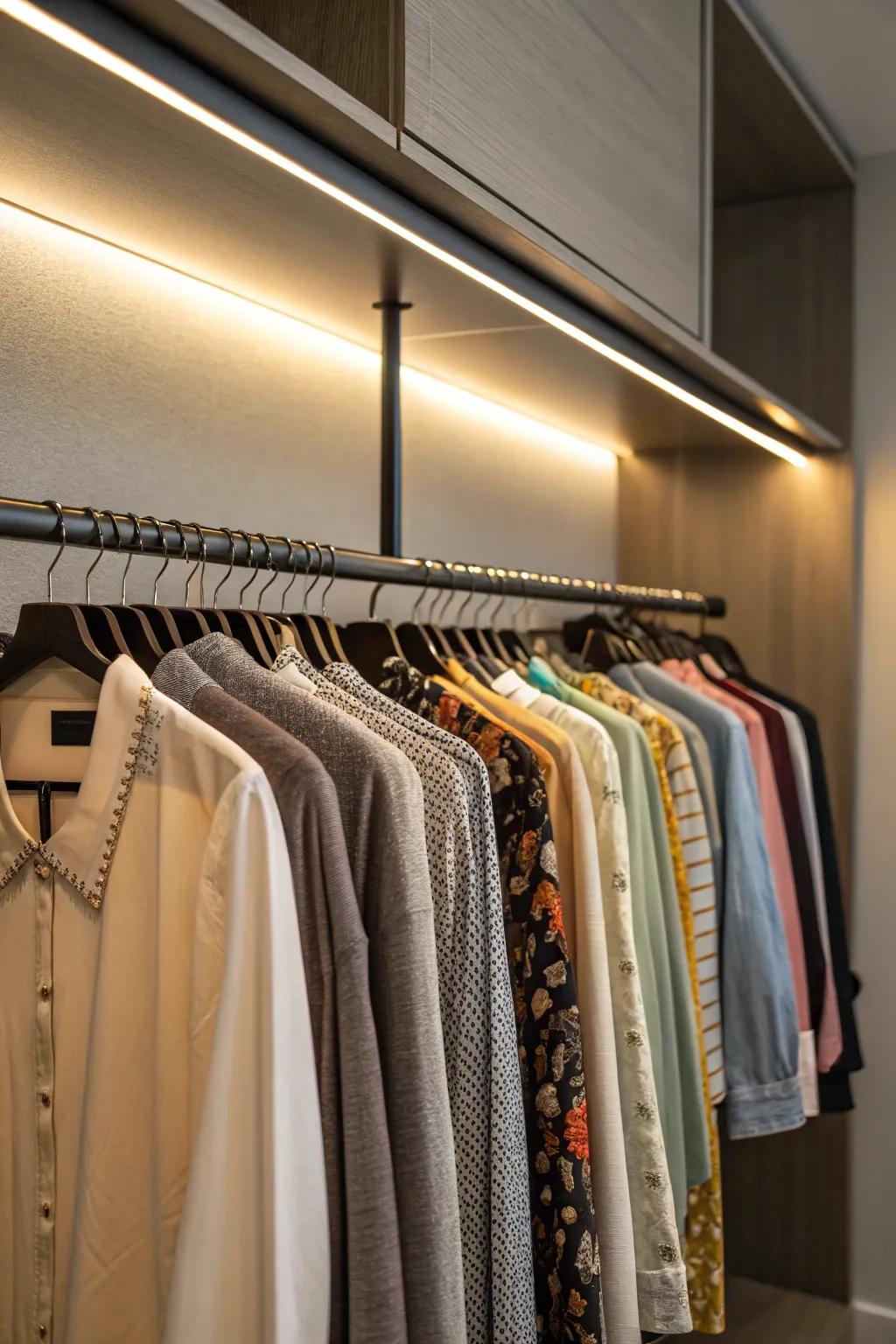 Clothing rail lights provide direct lighting for your hanging clothes.