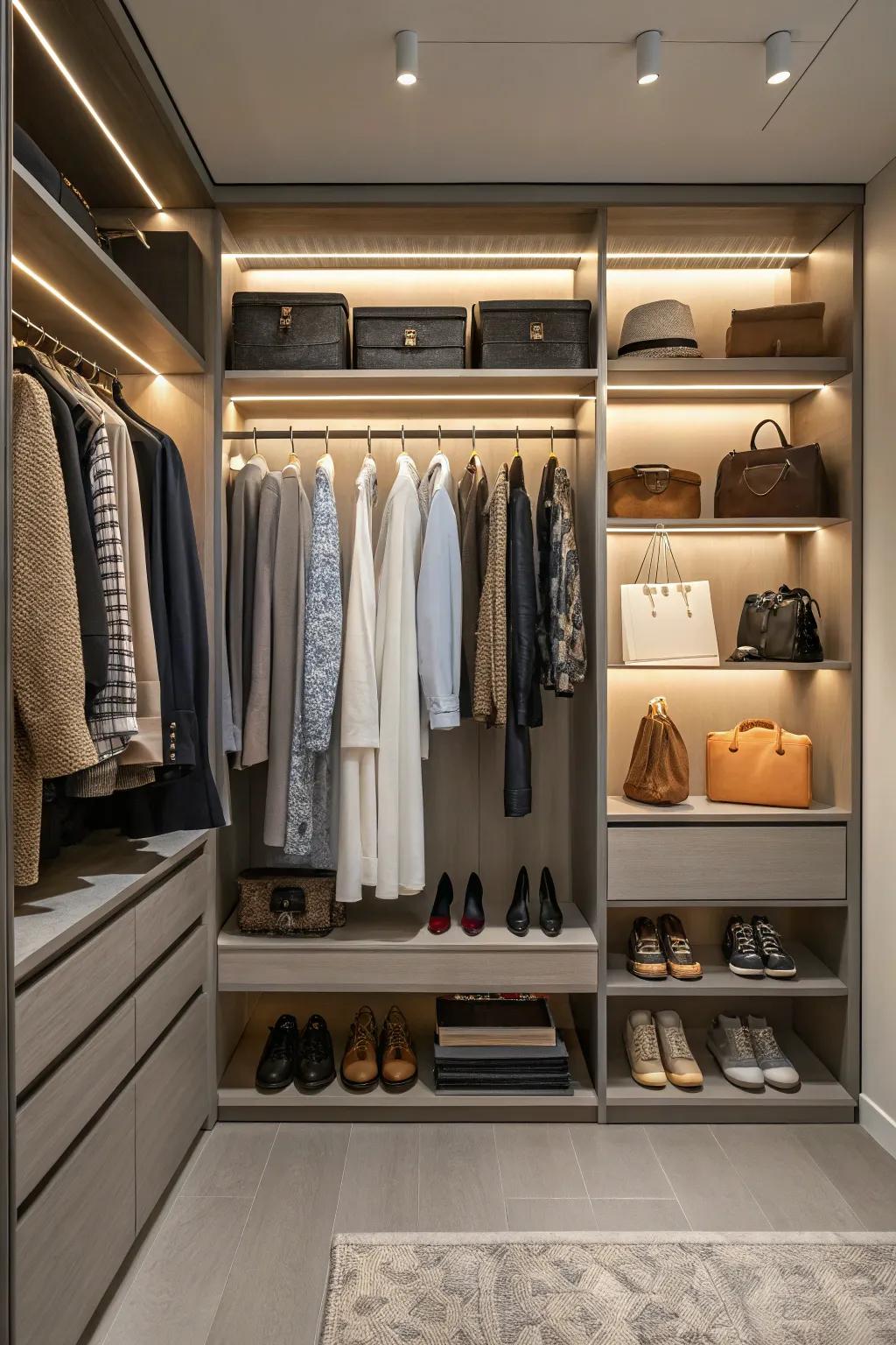 Integrated platforms and hangers provide versatile storage options.