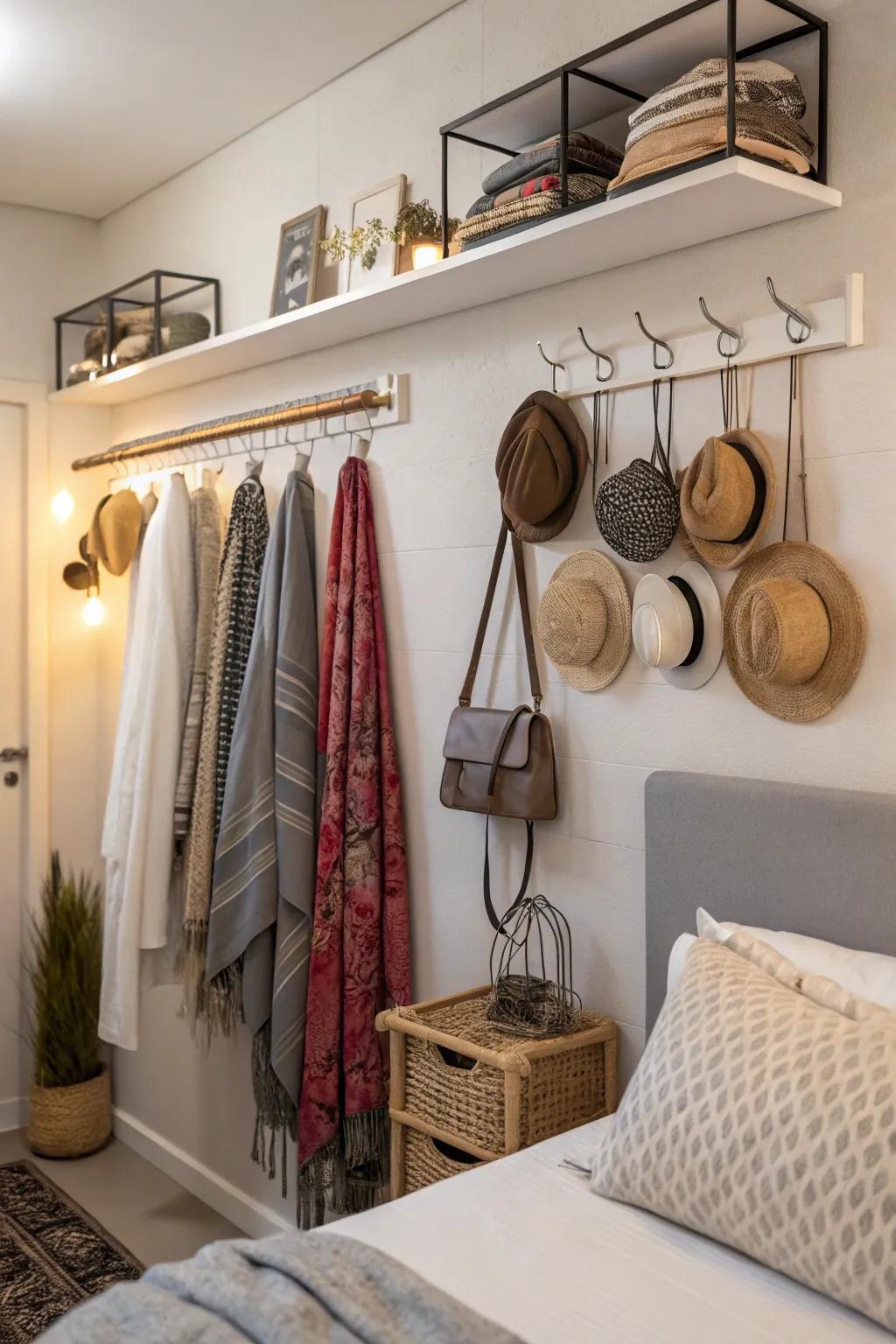 Wall-mounted storage effectively maximizes vertical area.