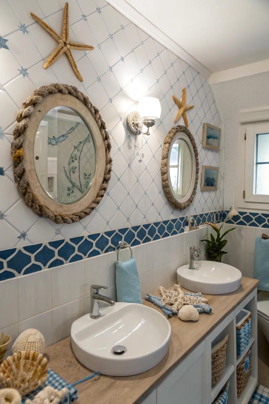 Nautical mirrors add a functional and whimsical flair.