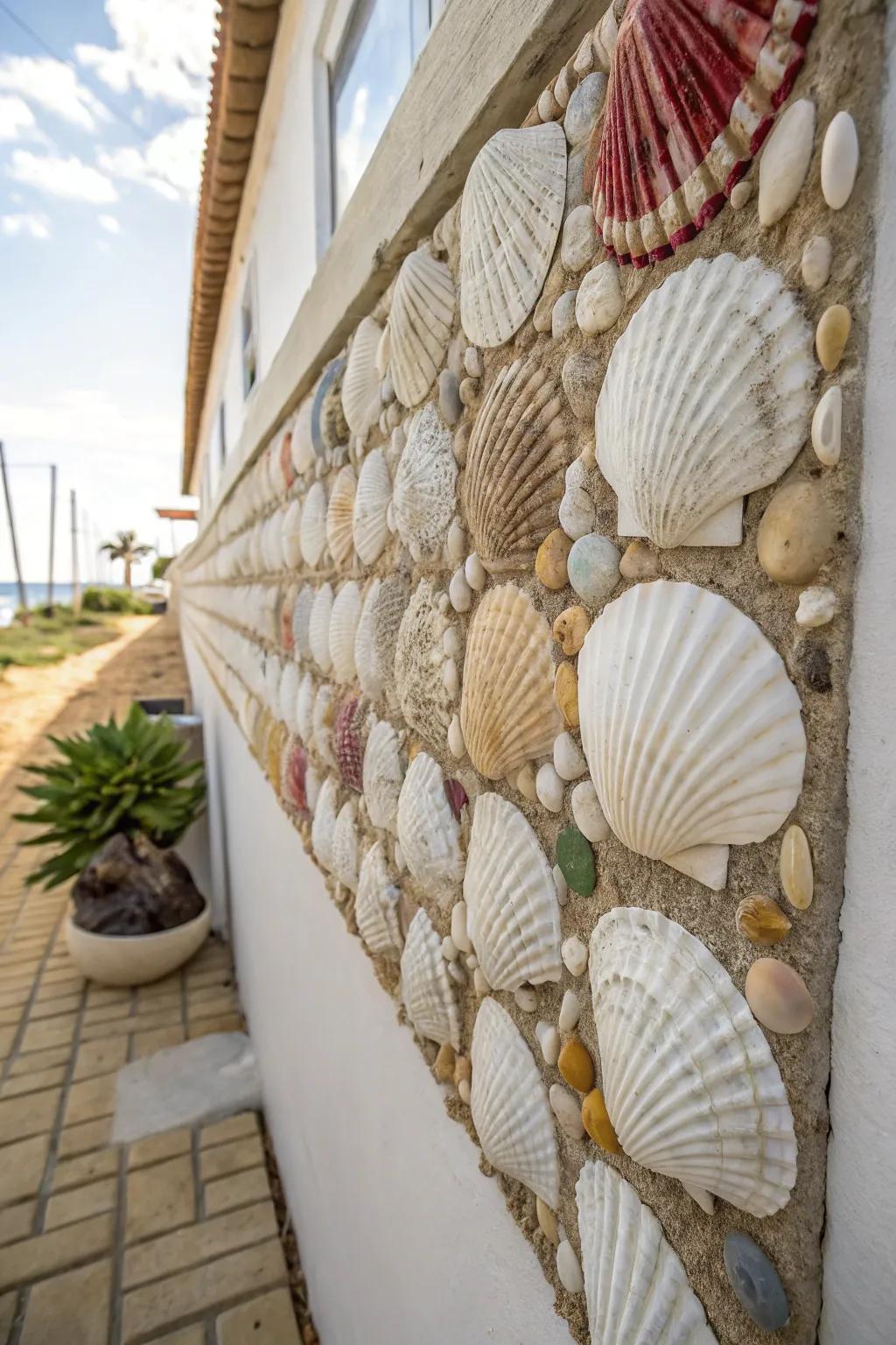 A shell art piece adding a personal touch to coastal decor.