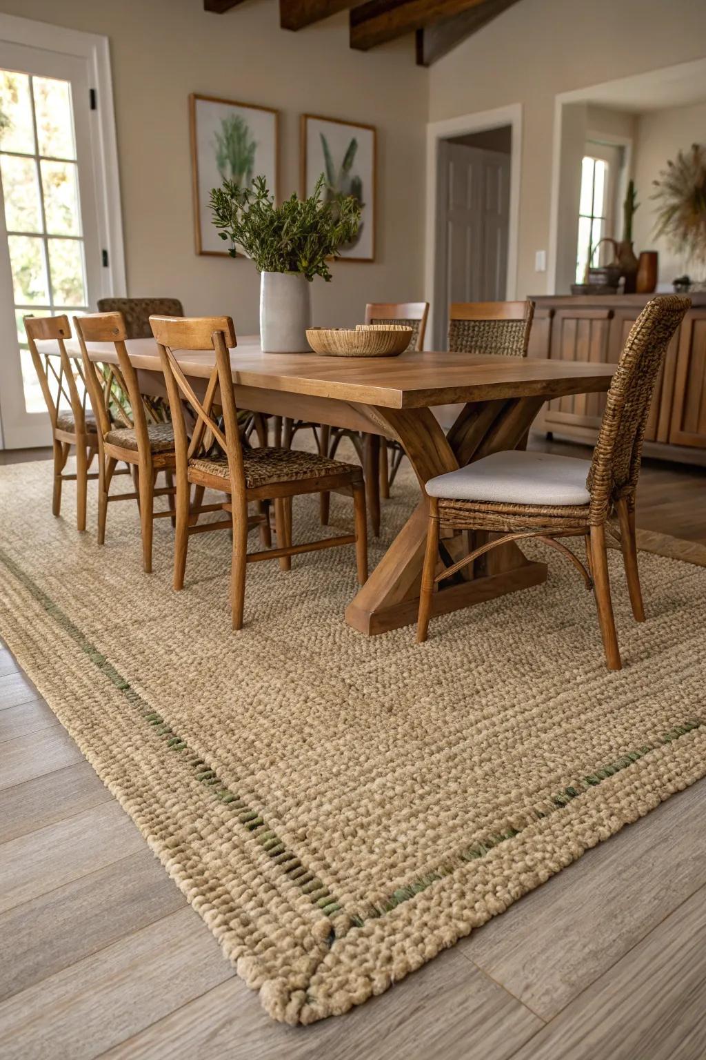 Seagrass rugs introduce natural texture to the dining room.
