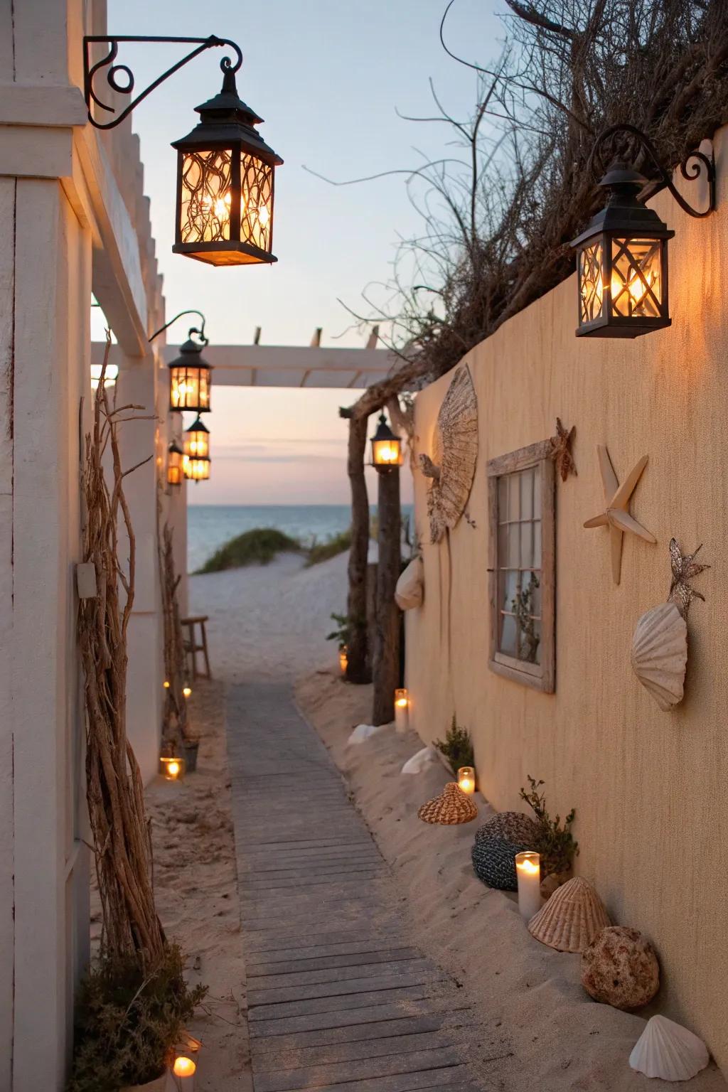 Shoreline lanterns fashion a welcoming coastal ambiance.