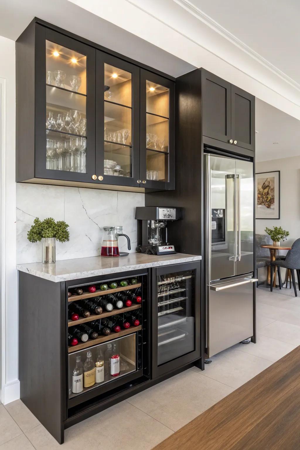 A multi-purpose cabinet equipped to manage both coffee and wine requirements.