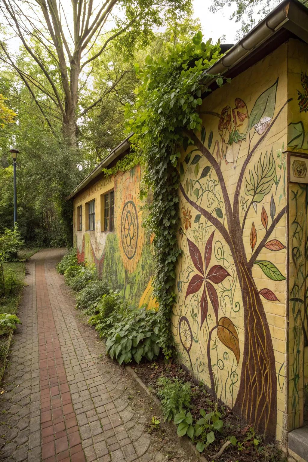 A garden room wall exhibiting nature-inspired graffiti with earthy colors.