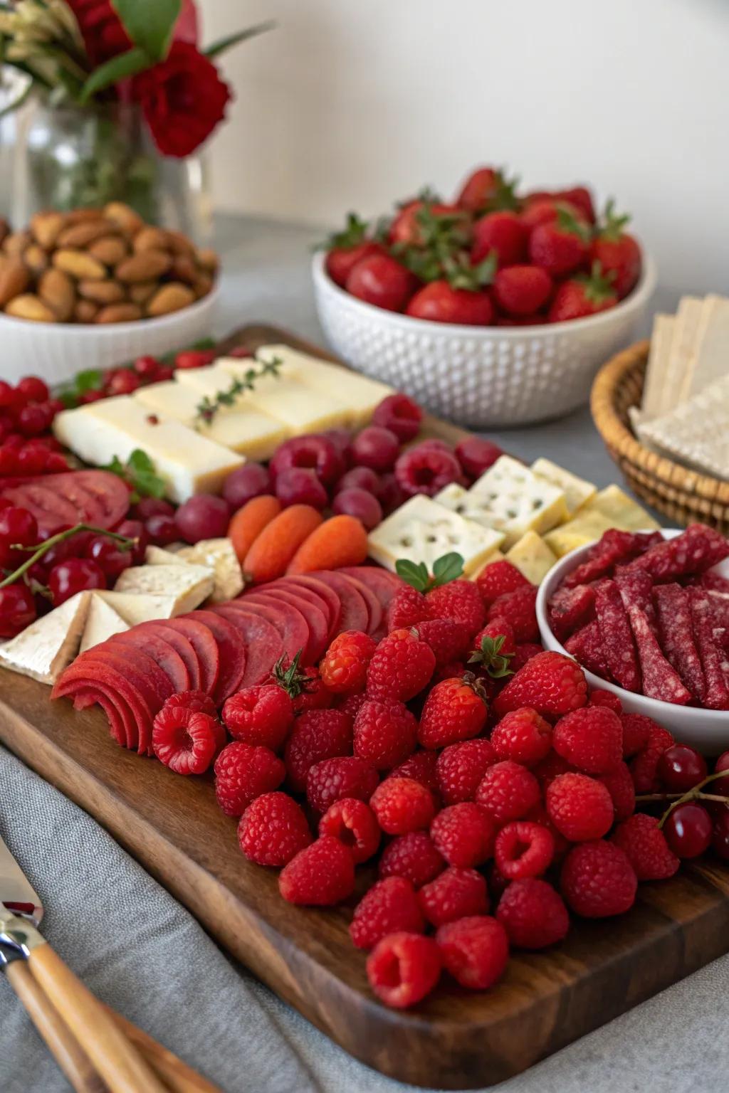 A striking red-themed charcuterie arrangement.
