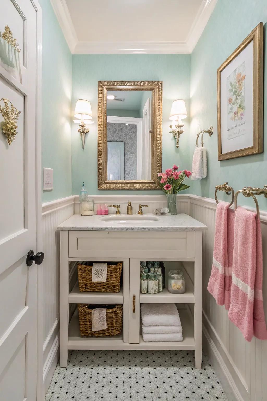 A compact powder room displays savvy usage of color and embellishment.