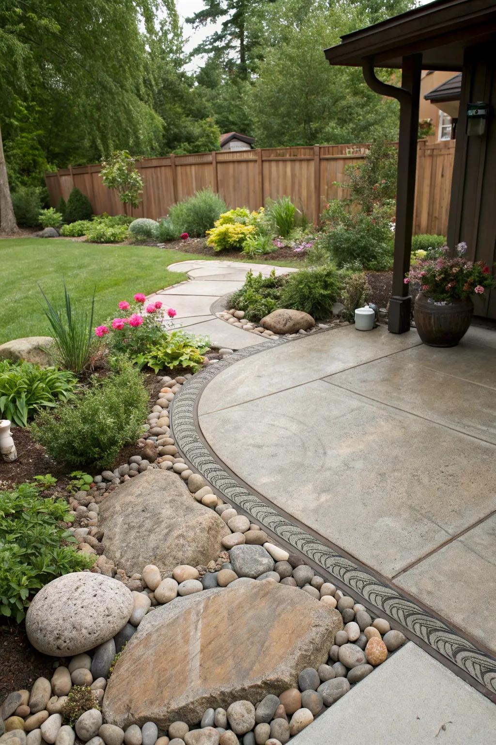 Harmonious borders blend the patio with its natural backdrop.