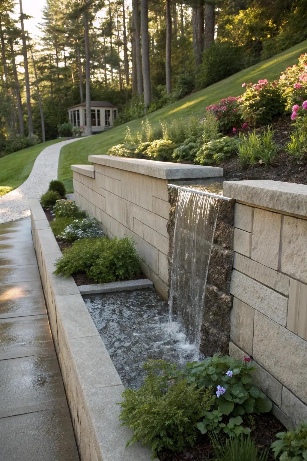 Liquid features infuse serenity and loveliness to retaining structures.