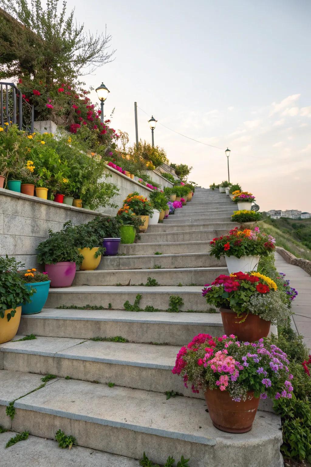 Garden vessels bring life and color to concrete steps.