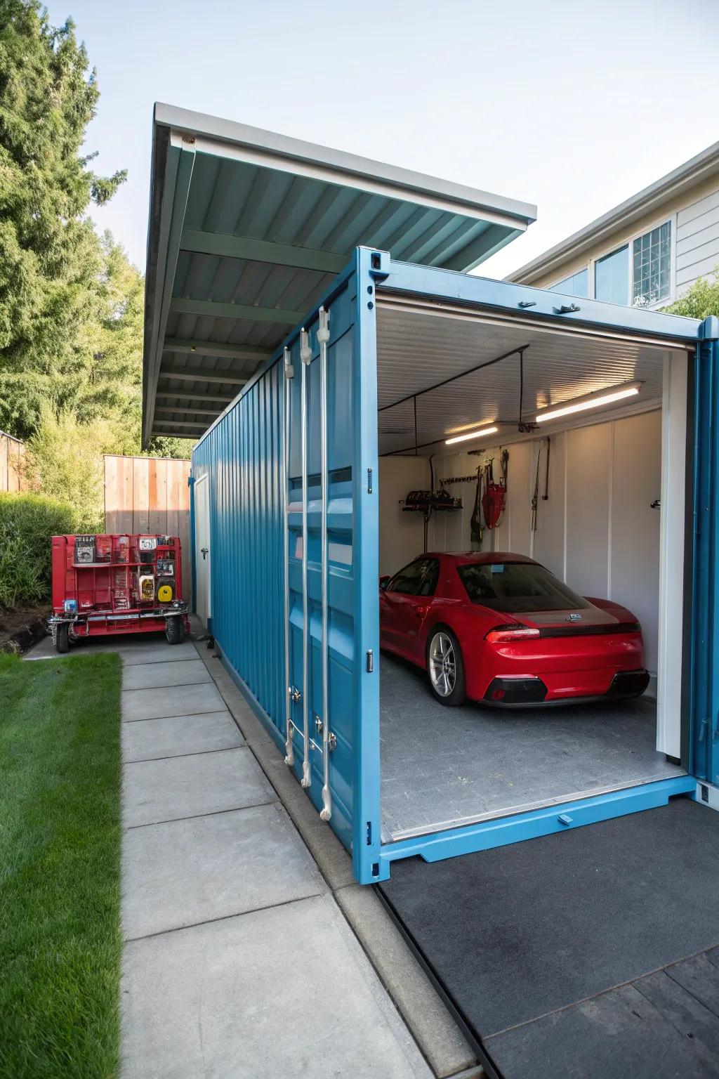 Convert your shipping container into a practical garage solution.