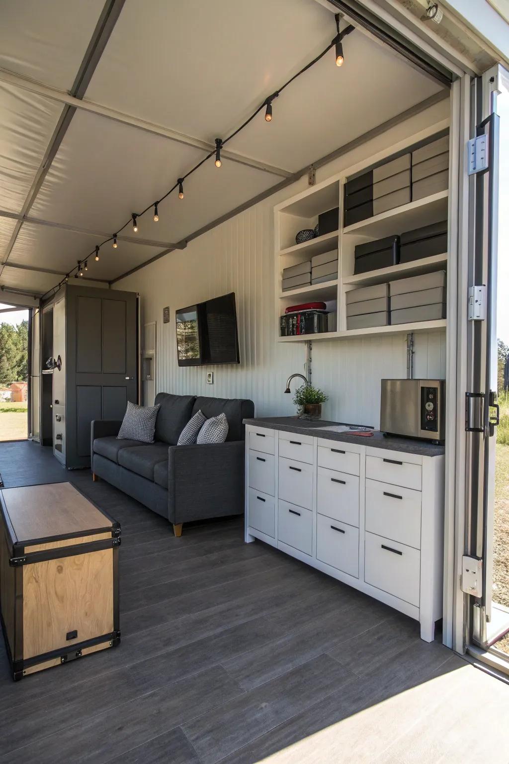 A container home featuring innovative use of space and multifunctional design.