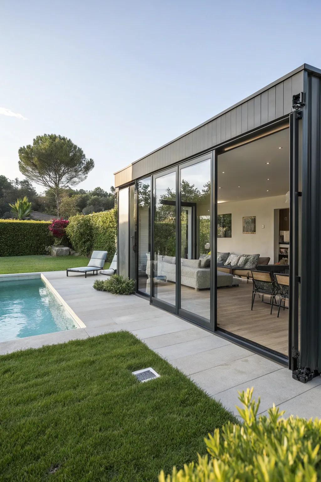 A sleek poolside retreat crafted from a shipping container.
