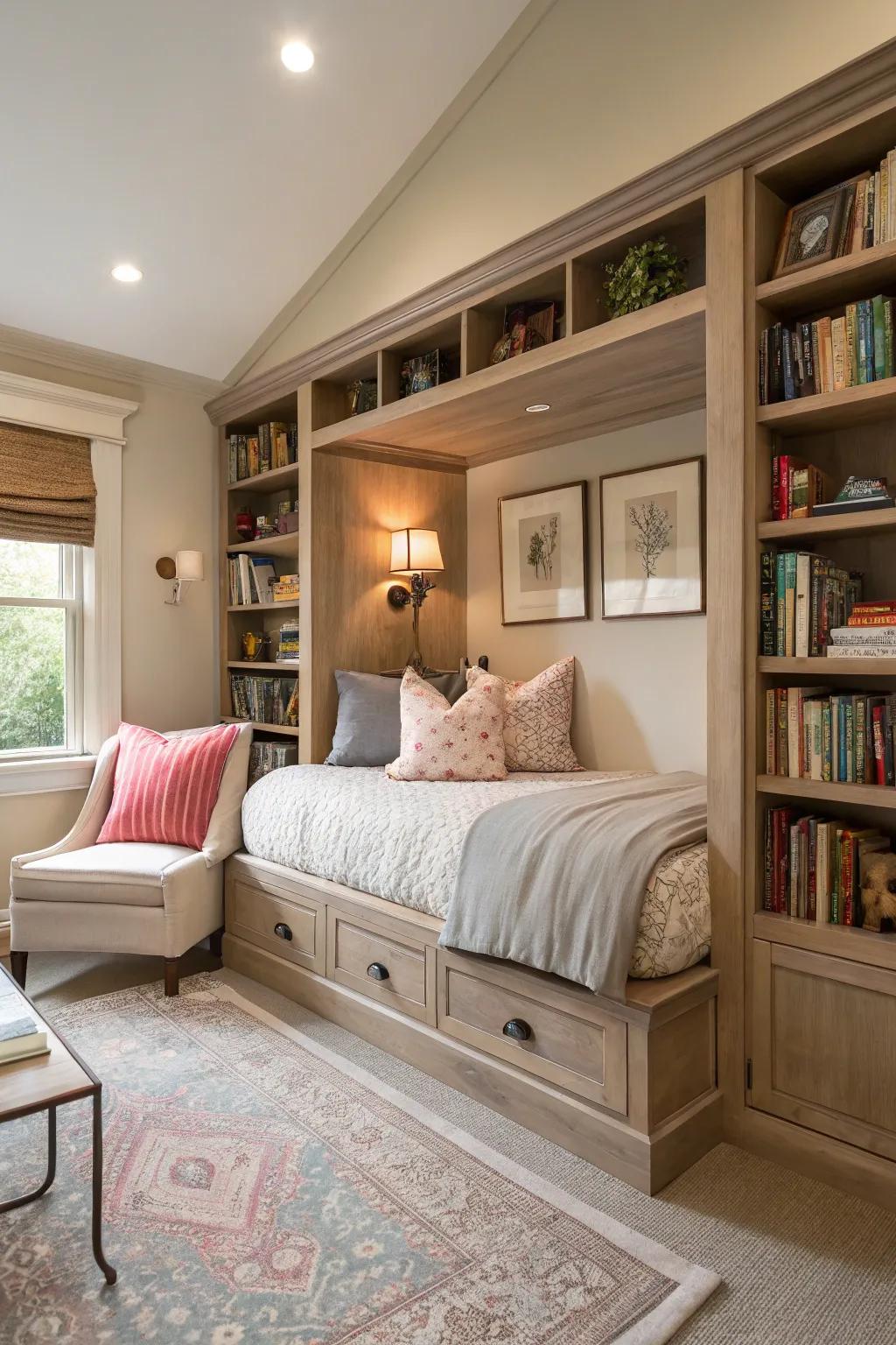 Built-in bed nooks provide a private, cozy retreat for reading and relaxation.