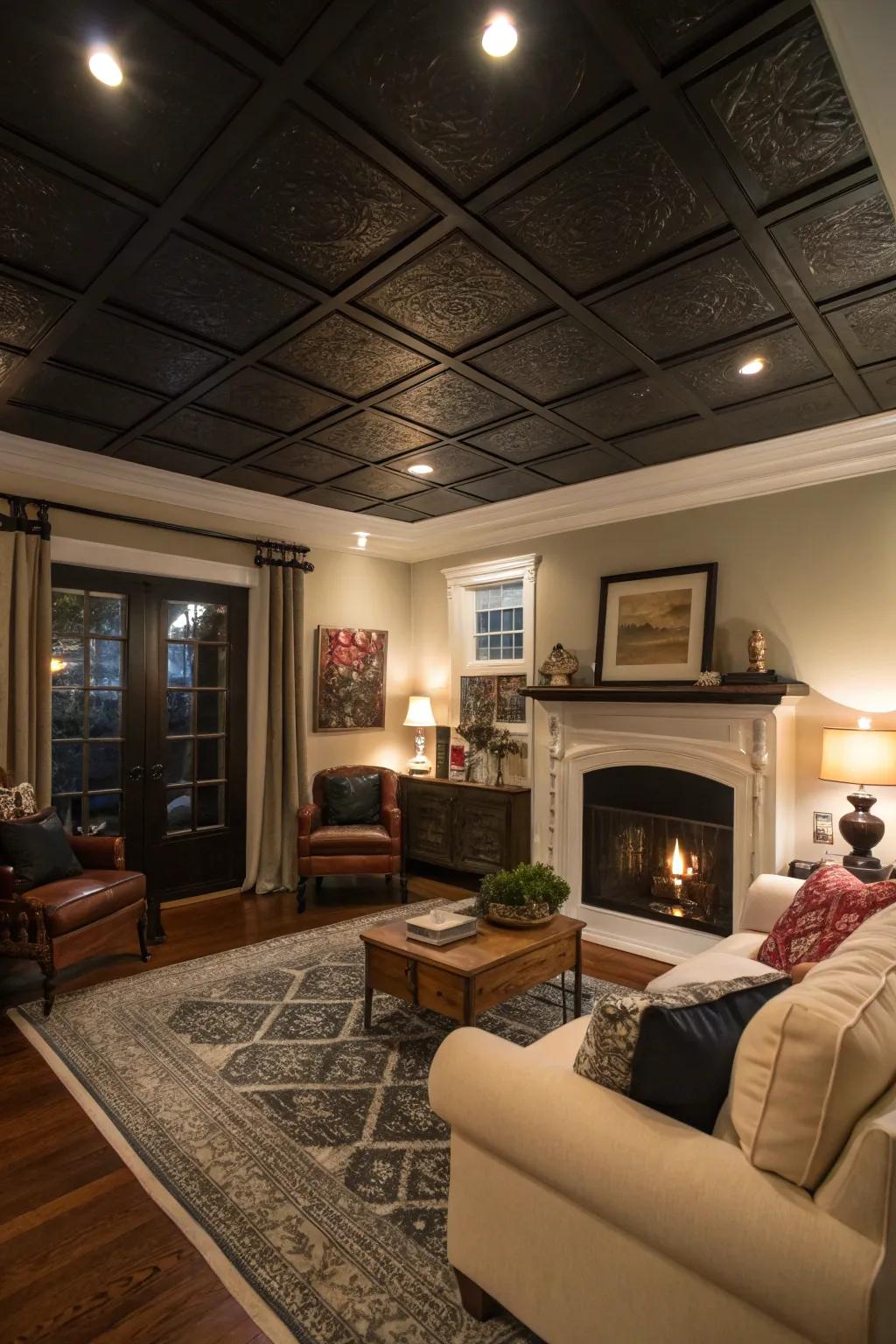 A somber ceiling forges a snug, intimate atmosphere in high-ceilinged rooms.