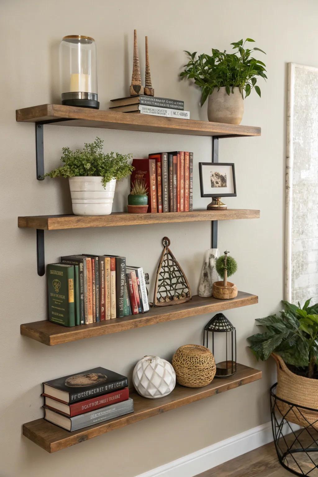 Floating shelves offer versatility and style.