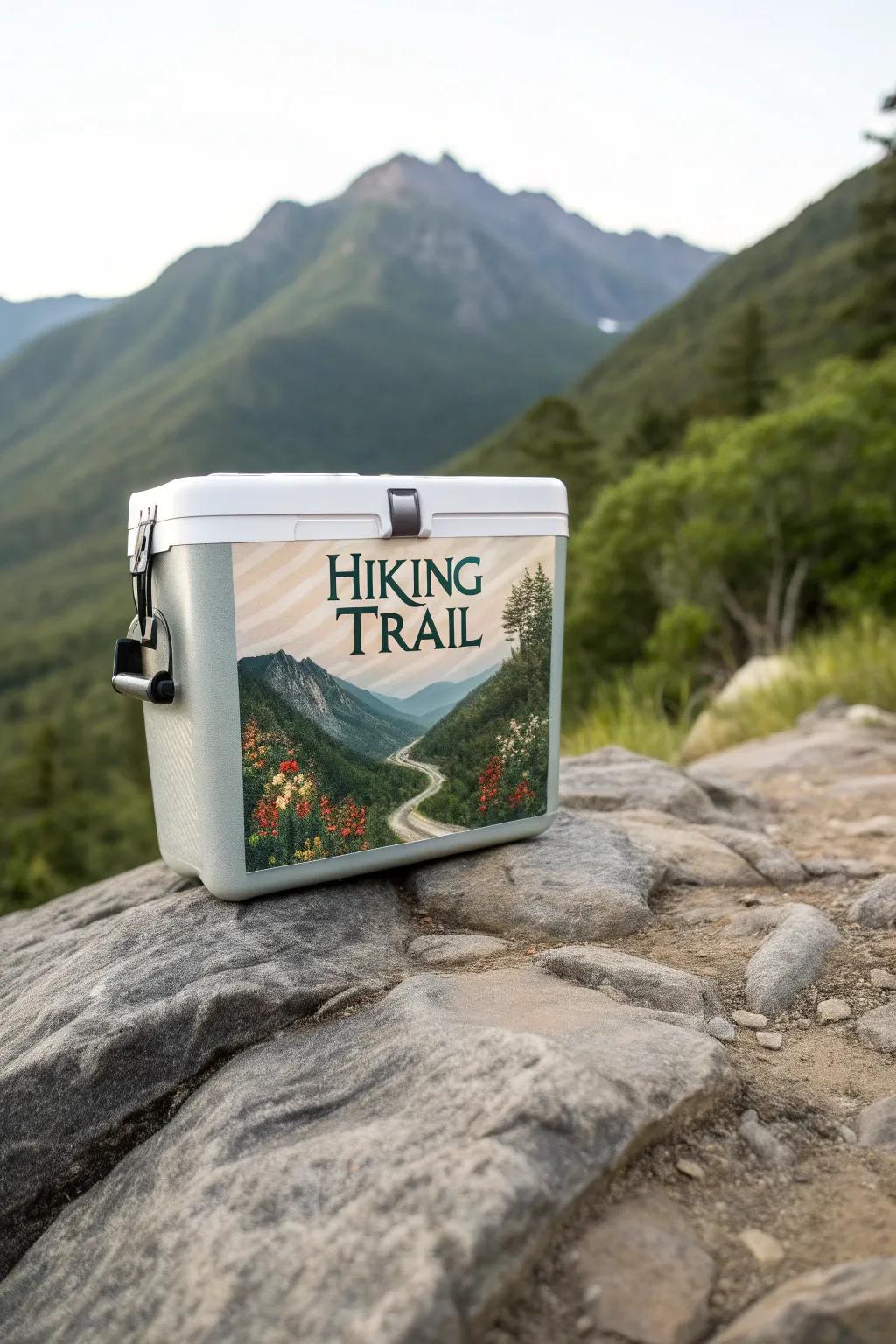 A cooler showcasing custom imagery of a beloved hiking trail.