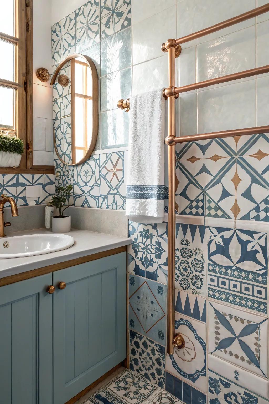 The appeal of copper parts is enhanced by patterned tiles.