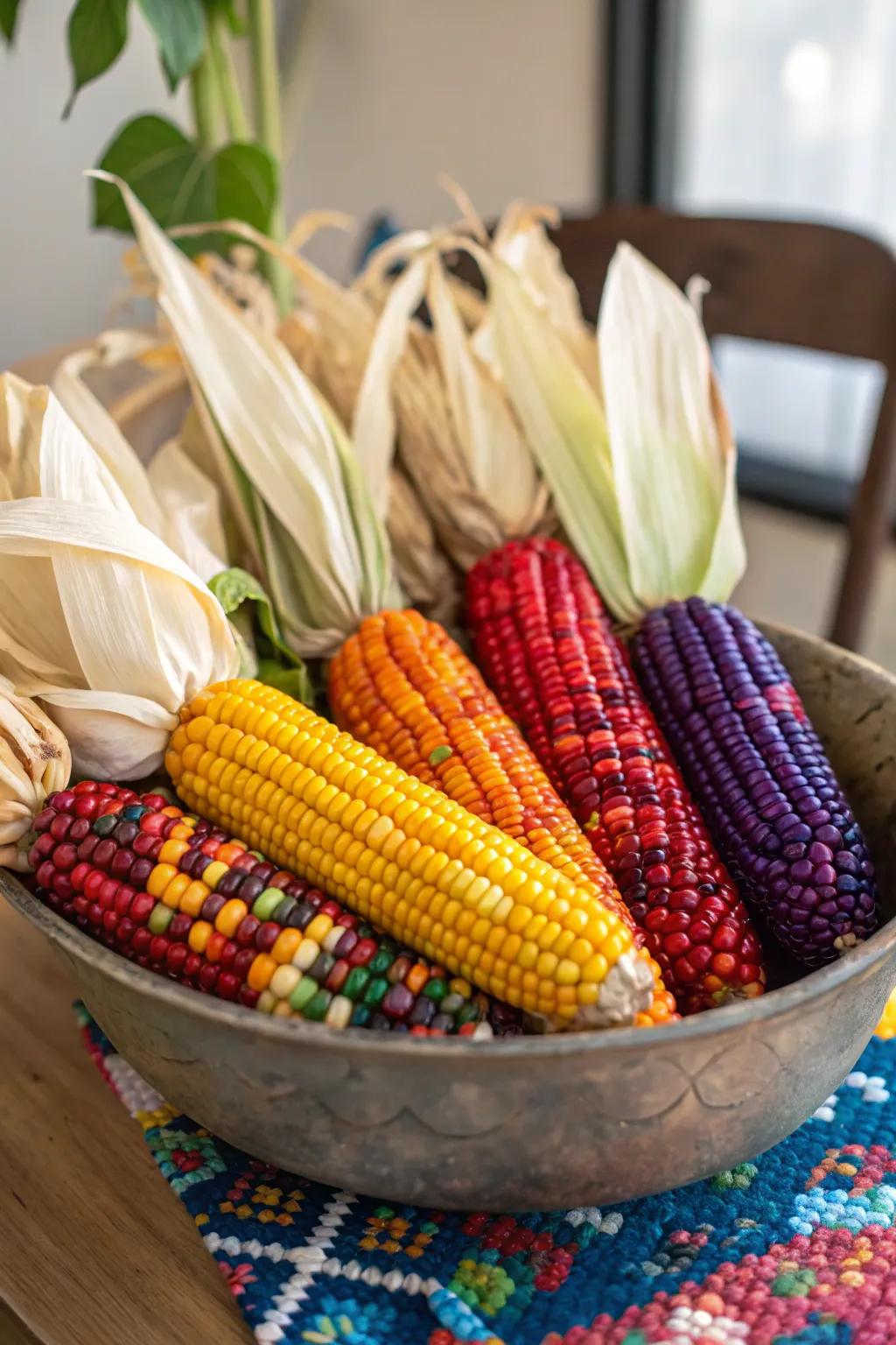 Dynamically hued tinted maize shucks for an animated autumnal exhibition.