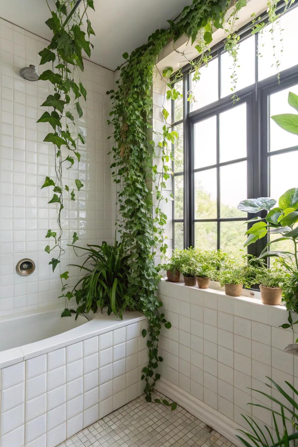 Greenery up the wall adds a fresh touch to washroom corners.